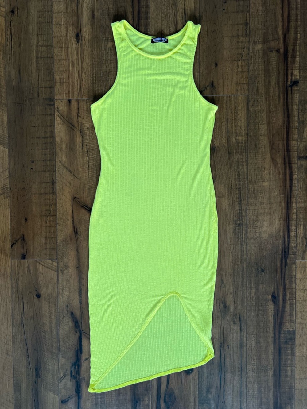 Fashion Nova Bright Yellow Ribbed Asymmetric Tank Dress- Size Large
